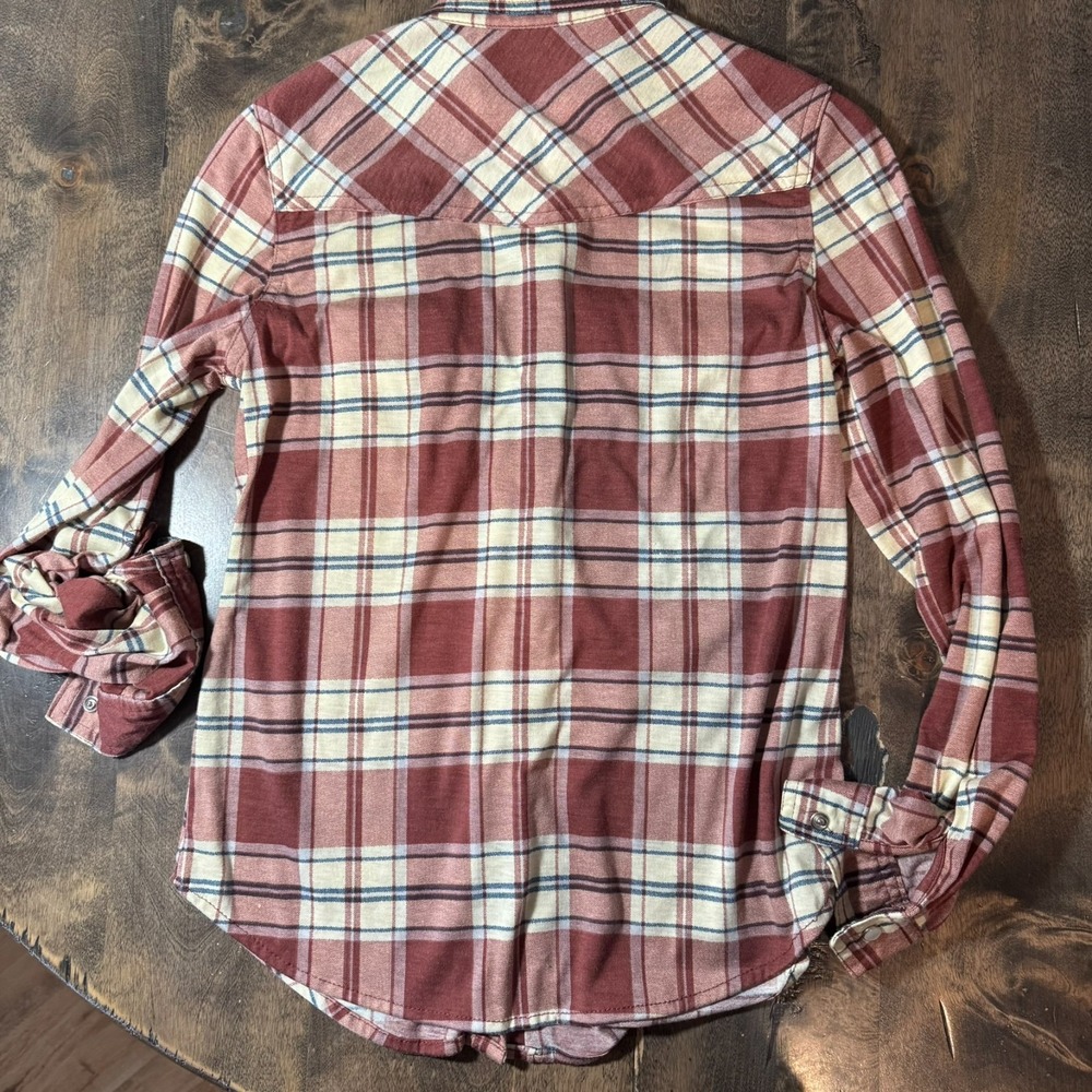 Womens Passport Maroon Plaid Pearl Snap Shirt Size S Western Adjustable Sleeves‎ - Picture 12 of 14